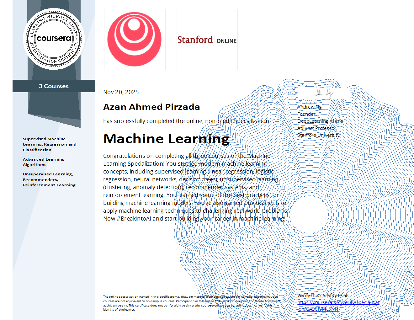 Machine Learning Specialization Certificate